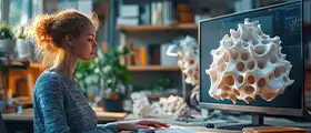 A woman working on a computer displaying a complex 3D model in a modern, well-lit workspace.