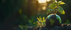 A small plant growing from a globe embedded in soil, symbolizing environmental sustainability and global ecological growth.
