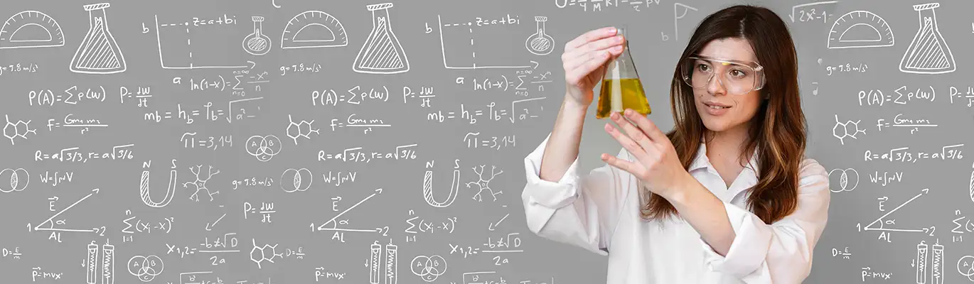 A chemistry trainer holding a lab bottle with some liquid in it,  standing infront of a black board covered with equations