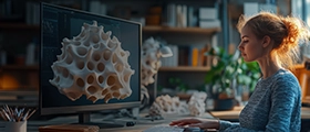 A professional designer working on a 3D modeling project in a modern office, creating a complex geometric structure on a desktop computer using advanced design software.