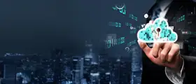 Businessman holding a secure cloud icon with digital data over a cityscape background