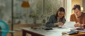 A man and woman sitting at a table reviewing documents and using a calculator, suggesting financial planning or studying.