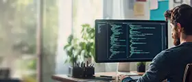 Professional software developer coding in AngularJS on a desktop computer in a modern office.