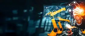 Industrial robotic arms operated with digital automation interface.