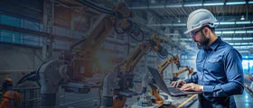 Engineer in a hard hat working on a laptop in an automated manufacturing facility.