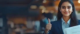 Confident young woman in business attire giving a thumbs-up while holding documents in an office setting.