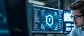 A cybersecurity professional analyzing data on a screen displaying a digital shield with a lock icon.