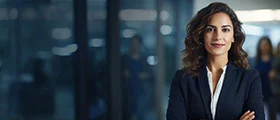 Confident businesswoman in formal attire standing in a modern office setting.