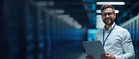 Smiling IT professional holding a tablet in a data center environment.