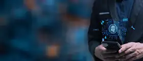 Professional Certified Mobile Forensics expert holding a smartphone with a holographic fingerprint scan and security icons, symbolizing digital security, mobile data analysis, and forensic investigation.