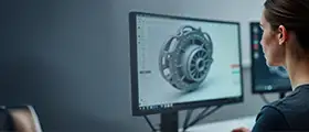 A woman working on 3D modeling software displaying a mechanical component on a computer screen.