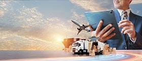 Professional Incoterms featuring air and ground transportation, a business executive with a tablet