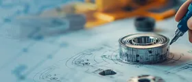 A SolidWorks professional drafting a mechanical component with a ball bearing placed on a technical drawing.