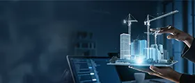 A Tekla professional visualizing a digital 3D model of a construction site with cranes
