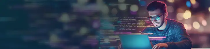 Man coding on laptop with programming code overlay and blurred colorful lights in background.