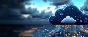 Cloud computing concept showing a digital cloud with data connections and technology icons.