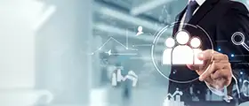 Business professional interacting with virtual HR analytics interface displaying people icons and data graphs