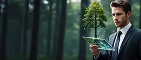 Businessman in a forest holding a digital tablet projecting a holographic tree, symbolizing environmental technology.