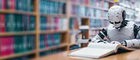 A humanoid robot reading a book in a library filled with shelves of books.