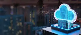Neon blue cloud icon with servers over a blurred city nightscape.