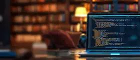 A laptop displaying code is placed on a desk in a cozy library or study room with bookshelves and warm lighting in the background.