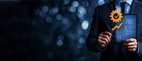 Business professional holding a tablet with project management icons, symbolizing process optimization and PRINCE2 training.