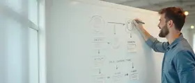 Man writing on a whiteboard with diagrams and flowcharts during a presentation or brainstorming session.