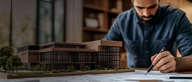 Revit Architects working on a building blueprint with a modern architectural model