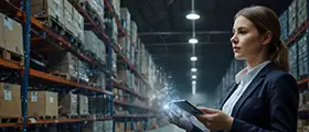 Businesswoman using digital tablet in warehouse with shelves of boxes.
