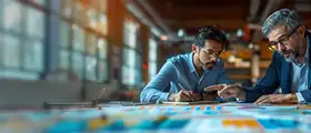 Two professionals analyzing charts and data at a large desk in an office setting.