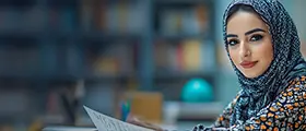 Woman in hijab studying with papers in library setting.