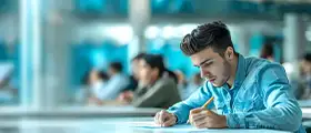 A young man in a blue shirt is intently writing on a paper at a desk, holding a pencil.
