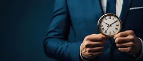 Man in a suit holding a small clock, symbolizing time management and professional punctuality.