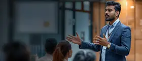 Man giving a professional presentation to a group in a corporate setting.