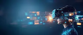 Person wearing virtual reality headset surrounded by digital graphics and futuristic technology elements.