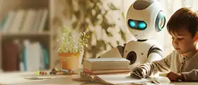 A young child sitting at a desk with books and a plant, learning alongside a friendly humanoid robot, symbolizing AI education for kids.