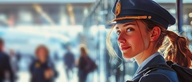 A professional cabin crew trainee wearing an airline uniform and cap, smiling inside an airport terminal with passengers blurred in the background, representing aviation and cabin crew training.