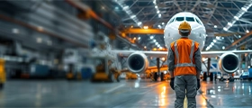 A professional airport operations specialist wearing a high-visibility safety vest and hard hat, standing in an aircraft hangar while inspecting a commercial airplane, representing airport operations and aviation ground services training.