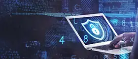 A professional cybersecurity expert analyzing a digital shield icon on a virtual interface, representing network security and cyber protection training.
