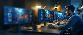 Professional animator working on high-end animation software across multiple monitors in a modern studio environment.