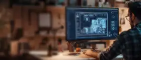 A professional AutoCAD designer working on a computer with technical drawings and blueprints displayed on the monitor in a modern workspace.