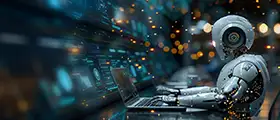 A professional Automating Administration with Azure PowerShell training illustration featuring an AI-powered robot managing cloud infrastructure through a digital control interface, representing Azure automation, PowerShell scripting, cloud administration, and IT operations.