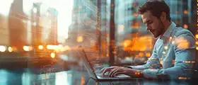 Professional AWS Solutions Architect working on a laptop in a modern office with cityscape reflections and digital interface overlays, representing cloud computing, architecture design, and technical expertise.