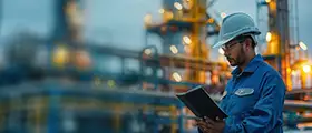 A professional engineer wearing safety gear inspecting documents at an industrial plant, representing process control and instrumentation training.