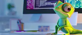 Professional 3D animator's workspace featuring a computer screen with Blender software and a rendered cartoon chameleon character in the foreground.
