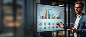A professional business analyst presenting data insights and performance charts on a digital screen in a modern office environment