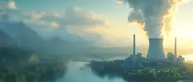 A professional carbon offsetting concept image showing an industrial plant beside a river emitting smoke, surrounded by lush green landscapes and mountains under a bright sunrise.