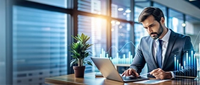 Professional accountant analyzing financial trends using laptop and data visualizations.