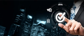 Hand interacting with a digital checkmark icon, symbolizing certification or successful task completion, set against a blurred cityscape background.