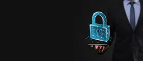 Professional cybersecurity specialist holding a tablet with a digital padlock hologram